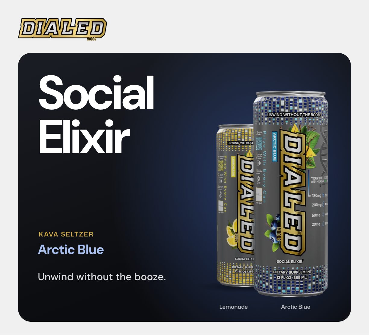 Dialed Moods Social Elixir kava seltzer in Arctic Blue, with the Lemonade flavor beside it.