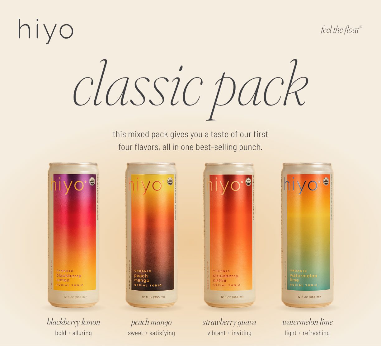 hiyo classic pack: four social tonic cans, blackberry lemon, peach mango, strawberry guava and watermelon lime.